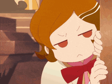 a cartoon girl with brown hair and a red bow tie is making a funny face