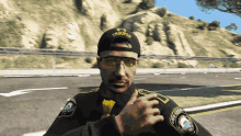 a man wearing a trooper hat and sunglasses