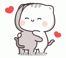 a cartoon cat is hugging another cat with the words zeus and dione above it