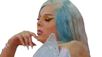 a woman with blue hair is wearing a silver dress