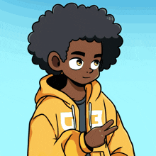 a cartoon of a boy wearing a yellow hoodie with db on it