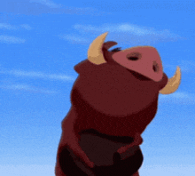 a cartoon warthog with horns looks up at the sky