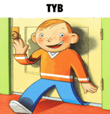 a cartoon of a boy standing in front of a door with the word tyb on the bottom