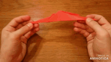 a person is holding a piece of red paper with the words made in animotica below them