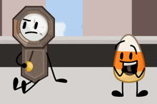 a cartoon of a clock and a candy corn with arms and legs