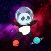 a panda bear wearing an astronaut 's helmet flies through space