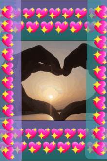 a picture of a person making a heart shape with their hands surrounded by pink hearts and stars