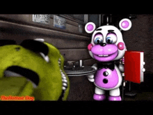 a pink and white teddy bear is standing next to a green teddy bear in a bathroom .