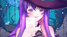 a girl with purple hair is holding a cell phone with a heart on it