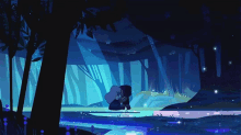 a couple of cartoon characters are standing next to each other in a dark forest .