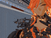 a girl with red hair is standing next to a motorcycle
