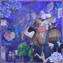 a picture of a cow surrounded by blue flowers and a box of milk