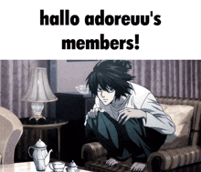 a man is squatting down in a living room with the words hallo adoreu 's members below him