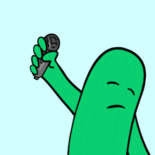 a cartoon drawing of a green hand reaching up towards a microphone