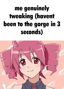 a picture of a girl with the words me genuinely tweaking ( havent been to the gorge in 3 seconds