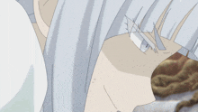a close up of a anime character with white hair