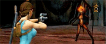 a woman in a blue dress is holding a gun in front of a monster