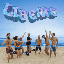 a group of people are dancing on a beach with the word liberte behind them