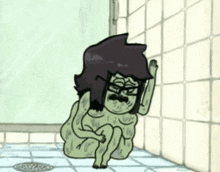 a cartoon character is sitting on the floor in a bathroom with glasses on .