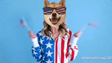 a woman wearing an american flag jacket has a dog 's face on her head
