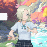 a girl with short blonde hair is standing in front of a river and trees