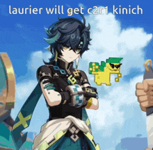 a cartoon of a boy with the words laurier will get c2r1 kinich above him