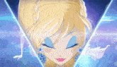 a close up of a cartoon character with blonde hair and blue eyes