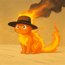 an orange cat wearing a hat with flames coming out of it 's head