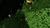 a bee is sitting on top of a green plant in the dark .
