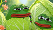 three green frogs with red lips are standing next to each other