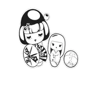 a black and white drawing of a geisha with a fan