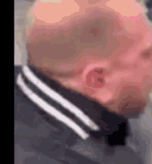 a close up of a man 's head and neck with a black and white striped collar .