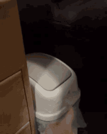 a person is putting something into a garbage can