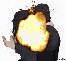 a cartoon of a man and woman hugging with an explosion in the background and the watermark picmix