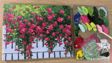a painting of a fence with pink flowers is being made by animatica