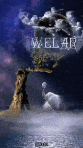 a swan is standing under a tree in the middle of a body of water .