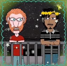a cartoon drawing of two men standing next to each other with stars in the background