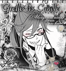 a black and white drawing of a man with glasses and the words greelle 's candle