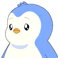a blue and white penguin with a yellow beak is looking at the camera