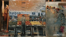 a painting of a man standing in front of a sign that says " seafood "
