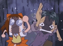 a boy and a girl are standing next to each other and one of them has a surprised look on their face