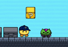 a cartoon character wearing a walmart hat stands next to a purple rock