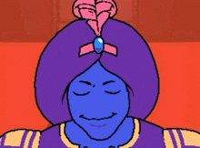 a pixel art drawing of a genie with his eyes closed and a purple turban on his head