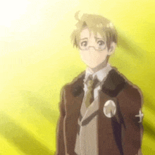 a cartoon character with glasses and a badge on his chest