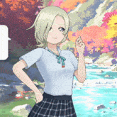a girl in a plaid skirt is standing in front of a waterfall