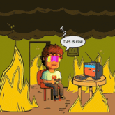 a pixel art drawing of a man sitting in front of a television with a speech bubble that says this is fine