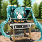 hatsune miku is sitting on a grill with her head sticking out of it .