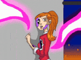 a cartoon of a girl in a red shirt with a purple mask on her face