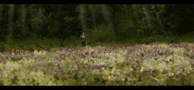a woman is standing in a field of flowers with trees in the background