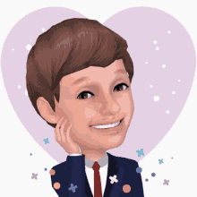 a boy in a suit and tie is smiling in front of a purple heart